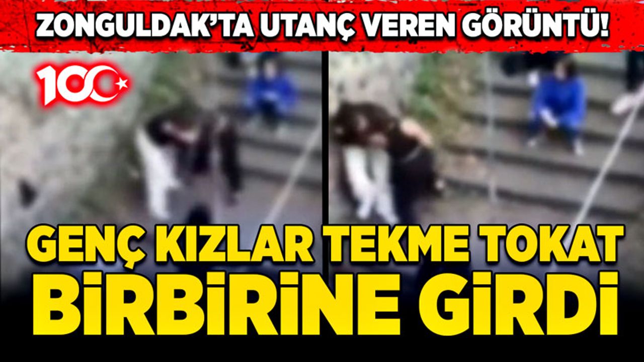 Zonguldak’ta utanç veren görüntü! Genç kızlar tekme tokat birbirine girdi