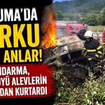 Çaycuma'da korku dolu anlar! Jandarma, sürücüyü alevlerin arasından kurtardı