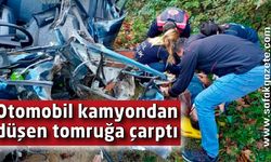 Otomobil kamyondan düşen tomruğa çarptı