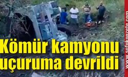 Freni patlayan kömür kamyonu uçuruma devrildi