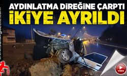 Kavşakta aydınlatma direğine çarpan araç ikiye ayrıldı