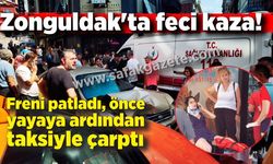 Zonguldak'ta feci kaza! Freni patladı, önce yayaya ardından taksiyle çarptı