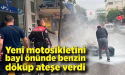 Sürekli arıza yapan yeni motosikletini bayi önünde benzin döküp ateşe verdi