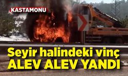 Seyir halindeki vinç alev alev yandı! Vinç kullanılmaz hale geldi