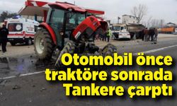 Traktörle otomobilin çarpıştığı feci kaza kamerada