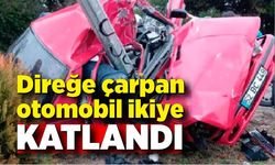 Direğe çarpan otomobil ikiye katlandı