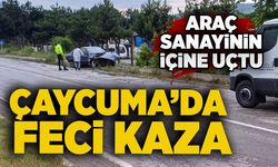 Çaycuma’da feci kaza: Araç sanayinin içine uçtu