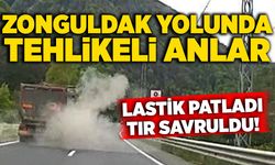 Zonguldak yolunda tehlike anlar: Lastik patladı, tır savruldu!