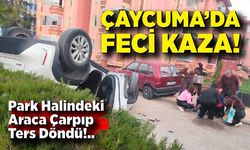 Çaycuma’da korku dolu anlar: Otomobil park halinde ki araca çarptı ters döndü!