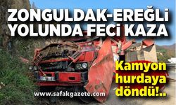 Zonguldak-Ereğli yolunca feci kaza! Kamyon hurdaya döndü