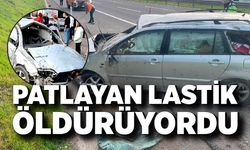 Lastiği patlayan otomobil bariyere çarpıp takla attı