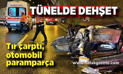 Tünelde dehşet: Tır çarptı, otomobil paramparça