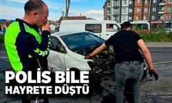 Refüje ve ağaçlara çarpan otomobilin motoru koptu