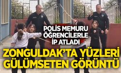 Zonguldak’ta yüzleri gülümseten görüntü: Polis memuru öğrencilerle ip atladı