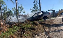 Araç yangını ormanlık alana sıçradı, ekipler alevleri büyümeden söndürdü