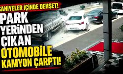 Park yerinden çıkan otomobile kamyon çarptı
