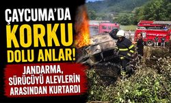 Çaycuma'da korku dolu anlar! Jandarma, sürücüyü alevlerin arasından kurtardı