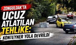 Zonguldak’ta ucuz atlatılan tehlike: Konteyner yola devrildi