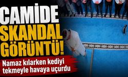 Camide namaz kılarken kediyi tekmeyle havaya uçurdu