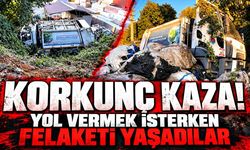 Yol vermek isterken felaketi yaşadılar: Çöp kamyonu şarampole devrildi