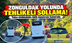 Zonguldak yolunda tehlikeli sollama! Yolcu otobüsünün riskli manevrası kamerada