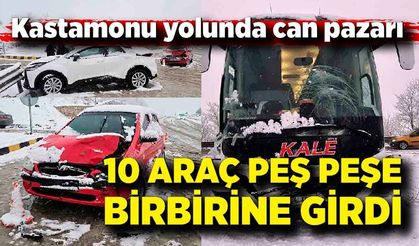 Kar yağışı zincirleme kazayı beraberinde getirdi: 10 aracın karıştığı kazada 6 kişi yaralandı