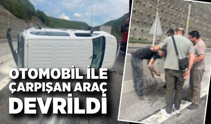 Otomobil ile çarpışan araç devrildi: Uzun araç kuyruğu oluştu