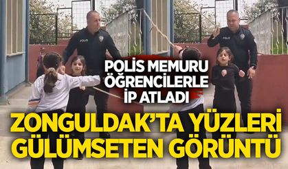 Zonguldak’ta yüzleri gülümseten görüntü: Polis memuru öğrencilerle ip atladı