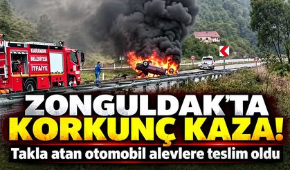 Zonguldak'ta takla atan otomobil alevlere teslim oldu: 1 yaralı