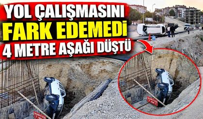 Yol çalışmasını fark edemedi: Otomobil 4 metrelik şarampole devrildi