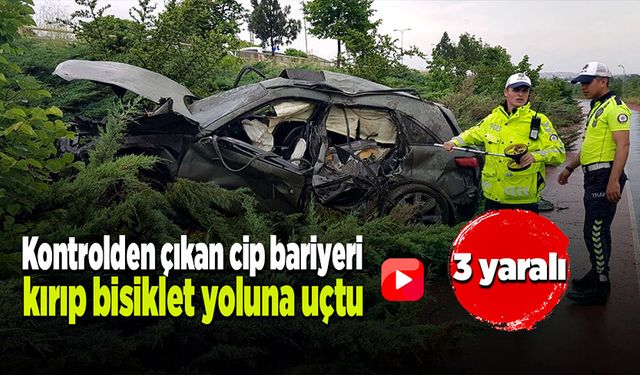 Cip demir bariyerleri kırıp, takla atarak bisiklet yoluna uçtu!