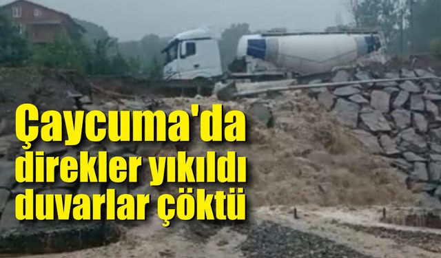 Çaycuma'da direkler yıkıldı, istinat duvarı çöktü