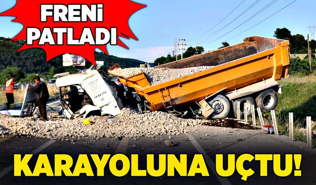 Freni boşalan kamyon, karayoluna uçtu!