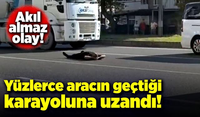 Akıl almaz olay! Yüzlerce aracın geçtiği karayoluna uzandı!