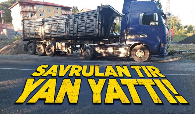 Savrulan tır yan yattı!