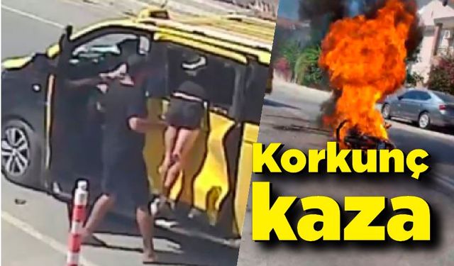 Taksiyle çarpışan motosiklet sürücüsü, fırlayarak girdiği camda asılı kaldı