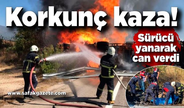 Süt taşıyan tır devrildi, sürücü yanarak can verdi