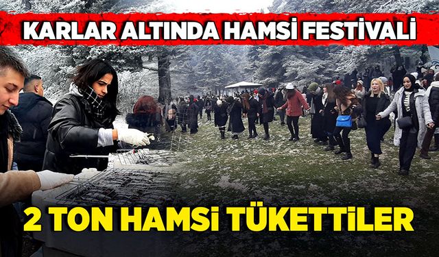 Karlar altında hamsi festivali: 2 ton hamsi tükettiler