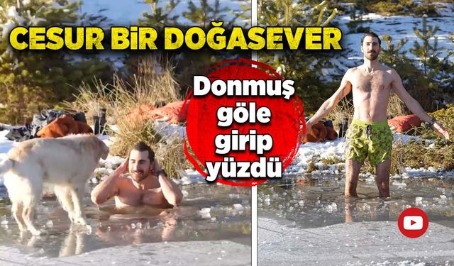 Cesur bir doğasever, donmuş gölde yüzdü