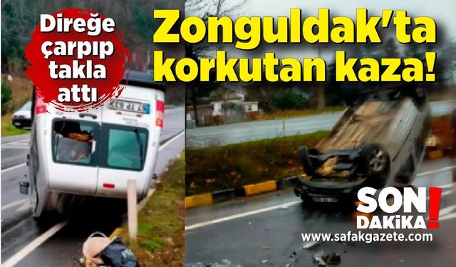 Zonguldak'ta korkutan kaza! Direğe çarpıp takla attı