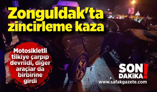 Zonguldak'ta zincirleme kaza; Motosikletli tilkiye çarpıp devrildi, diğer araçlar da birbirine girdi