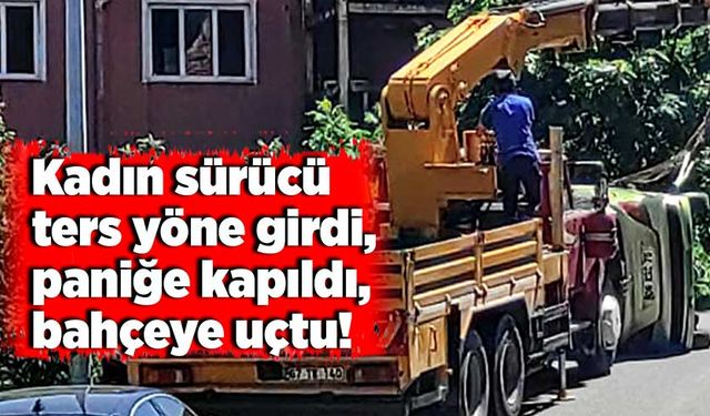 Kadın sürücü ters yöne girdi, paniğe kapıldı, bahçeye uçtu!