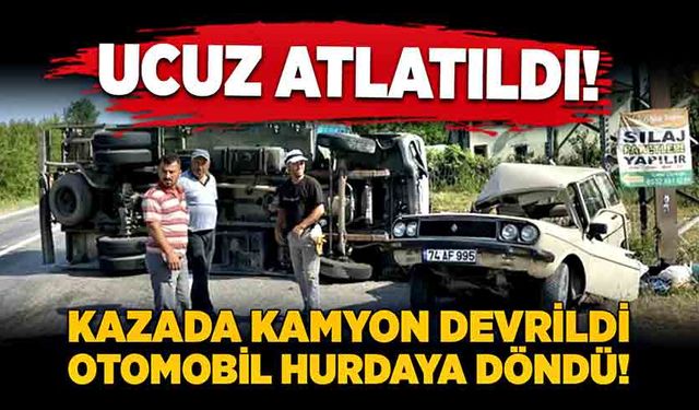 Ucuz atlatıldı! Kazada kamyon devrildi, otomobil hurdaya döndü!