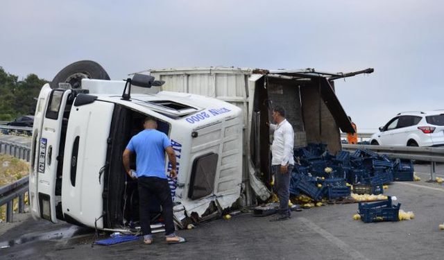 Limon yüklü kamyon devrildi, 6 kişi yaralandı.