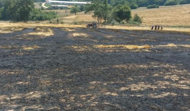 Balya yapılmayı bekleyen buğday sapları alev alev yandı