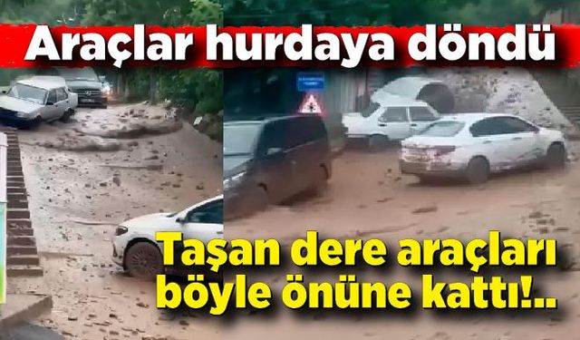 Taşan dere araçları böyle önüne kattı