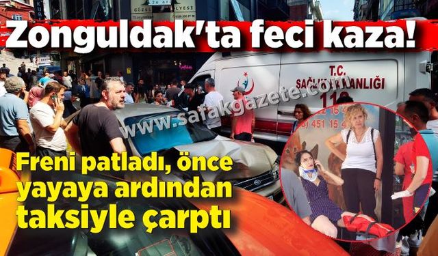 Zonguldak'ta feci kaza! Freni patladı, önce yayaya ardından taksiyle çarptı