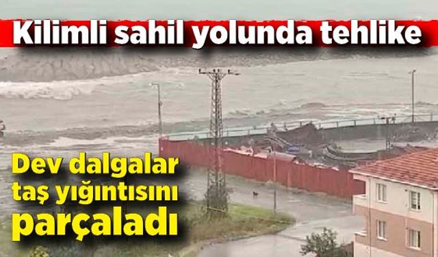 Kilimli sahil yolunda tehlike: Dev dalgalar taş yığıntısını parçaladı