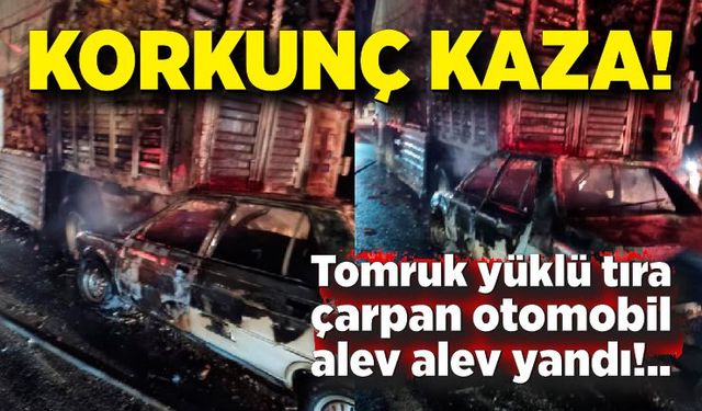 Tomruk yüklü tıra çarpan otomobil alev alev yandı