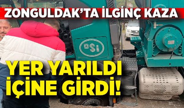 Zonguldak'ta tır çukura saplandı